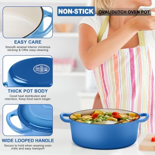E-far 5QT Oval Dutch Oven Pot with Lid, Blue Enameled Cast Iron Dutch Oven