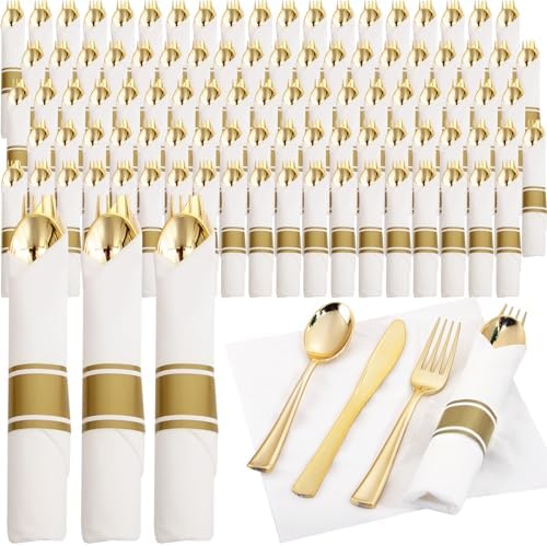 Supernal 120 Pack Gold Plastic Silverware Wrapped Cutlery Set with Napkin