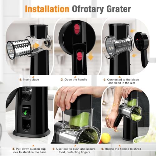Ibergrif Rotary Cheese Grater Hand Crank– Manual Vegetable Slicer Mandoline with Foldable Handle, Rotary Grader with 3 Interchangeable Blades, Manual Cheese Shredder with Suction Base