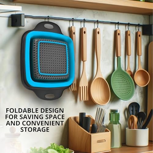 Square Collapsible Colander with Handles – Blue Square Silicone Kitchen Strainers with Plastic Handles Foldable Kitchen Strainer Perfect for Draining Pasta Vegetable and Fruit Blue