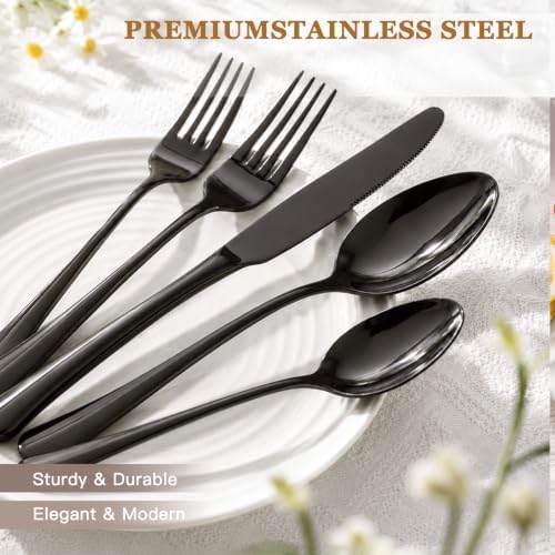 Astercook Silverware Set 48-Piece Black Flatware Set with Steak Knives Food-Grade Stainless Steel Cutlery Set for 8 Mirror Polished Utensils Set Include Spoons and Forks for Home Kitchen Restaurant