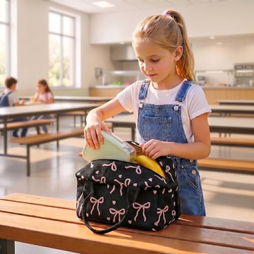 LEDAOU Lunch Box for Women Insulated Lunch Bag Corduroy Lunch Tote Bags Leakproof Cooler Lunch Case for Travel Work Picnic (Bow Tie Black)