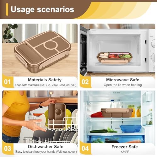 Amathley Bento Box Adult Lunch Box Kids,Lunch Containers for Adults/Kids/Toddler,5 Compartments Bento Lunch Box with Sauce Vontainers,Microwave & Dishwasher & Freezer Safe,BPA-Free (Brown)