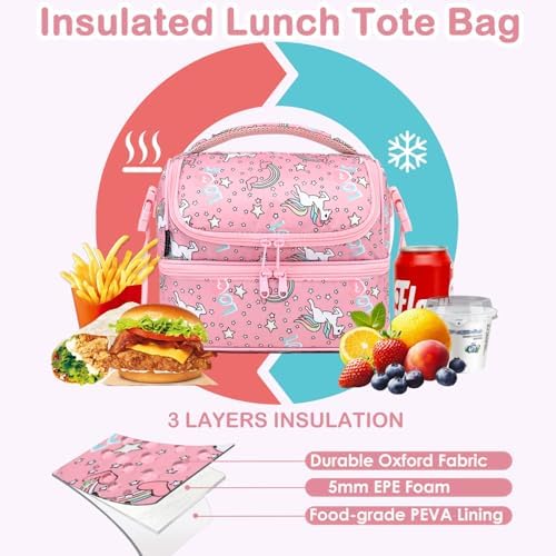 FlowFly Double Decker Cooler Insulated Lunch Bag Large Tote for Boys, Girls, Men, Women, With Adjustable Strap (Red-Unicorn)