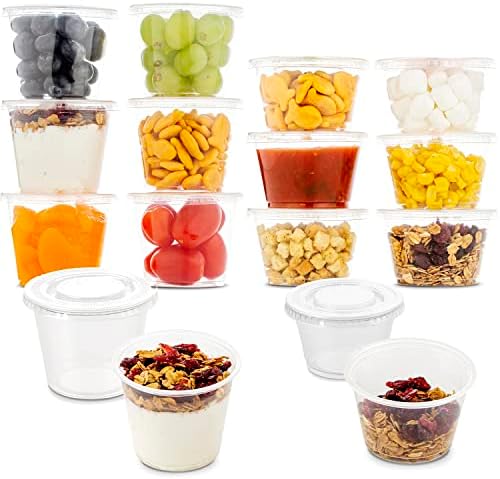 DuraHome Plastic Portion Cups with Lids 4 oz. & 5.5oz. Combo Pack of 150 Leakproof Jello Cup Mini Containers for Salad Dressing Sauce Condiment Snack Souffle and Salsa, Disposable, Interchangeable