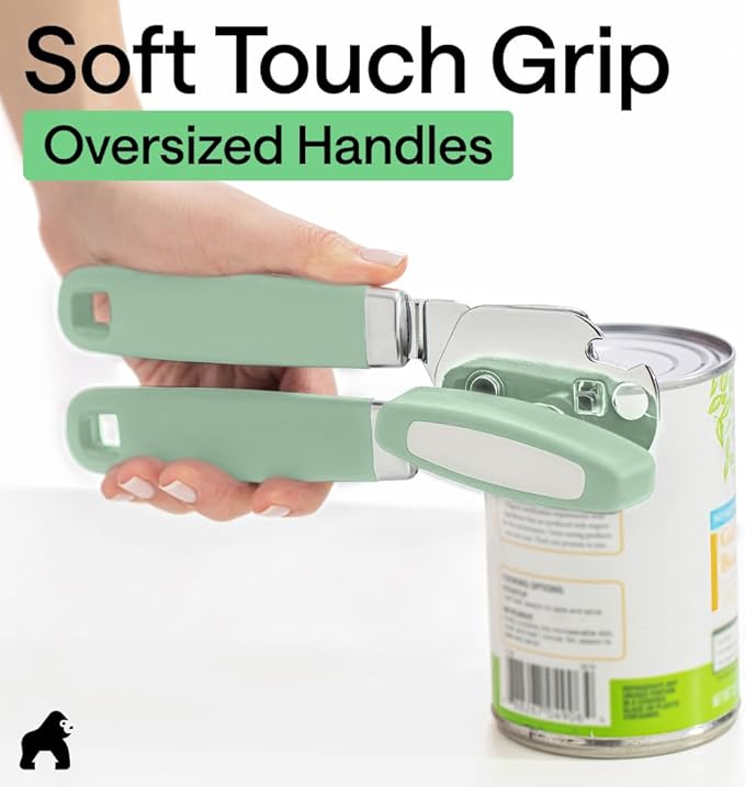 GORILLA GRIP Heavy Duty Stainless Steel Smooth Edge Manual Can Opener and Bottle Openers, Soft Comfortable Handle, Oversized Handheld Turn Knob, US Designed Multifunctional Kitchen Tool, Mint