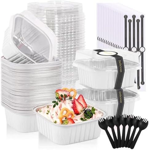 50 Pack Mini Cake Pans With Lids And Spoons,5oz Square Aluminum Foil Brownie Baking Cups,Small Cake Tins,Individual Cake Pans With Lids for Wedding Birthday Party (White)