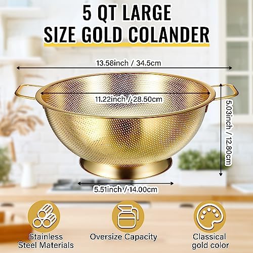 Norme 5 Quart Gold Colander and 3 Metal Fine Mesh Strainer Set