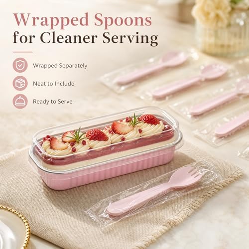 50 Pack Pink 6.8oz Mini Cake Pans with Lids, Spoons & Stickers