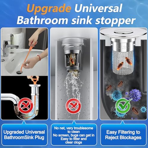 Sink Stopper Hair Catcher, Pop-up Sink Drain Strainer with Removable Stainless Steel Strainer Basket Hair Catcher,Bathroom Sink Strainer for Bathroom Sink Stopper Replacement (2, Silver)