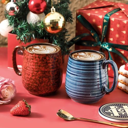 HASENSE Ceramic Coffee Mug Set of 2, 20 Oz Tea Cups for Women and Men, Handmade Large Latte Mugs with Handle, Gift Box with Coaster & Gold Spoon, Perfect for Christmas Thanksgiving, Blue & Red