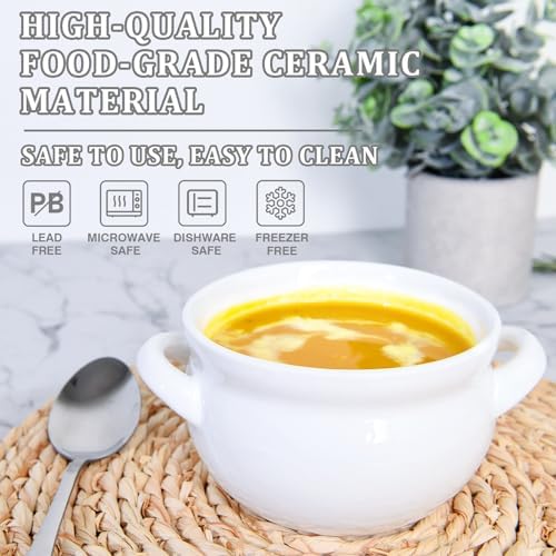 Vumdua Soup Bowls with Handles, 16 Oz Ceramic French Onion Soup Bowls - Stackable Oven Safe Bowls Serving Crocks for Soup, Cereal, Chilli, Pot Pies, Set of 4, White (White, 16 oz)