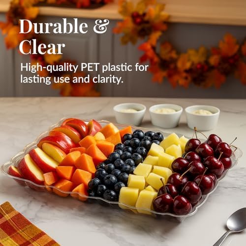 Prestee 24-Pack Serving Tray - 9x13 Inches Disposable Rectangular Plastic Food Tray for Parties and Events - Clear Platters for Dessert Table Displays, Appetizers, Snacks, and More