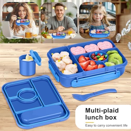 Amathley Bento Box Adult Lunch Box Kids,Lunch Containers for Adults/Kids/Toddler,5 Compartments Bento Lunch Box with Sauce Vontainers,Microwave & Dishwasher & Freezer Safe,BPA-Free (Navy)