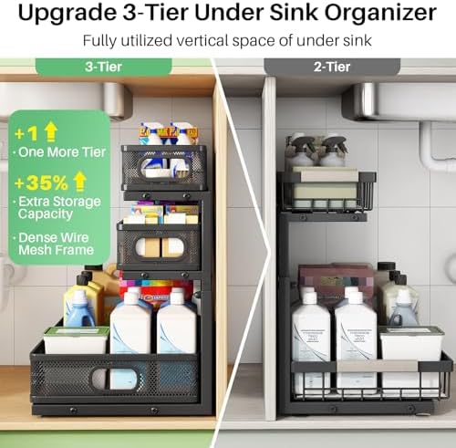 Kitstorack Under Sink Organizer, 1-Pack 3-Tier Height Adjustable Thickened Metal Pull out Cabinet Organizer Shelf, Slide out Storage Drawer Rack for Bathroom Kitchen Pantry Home Laundry Organization