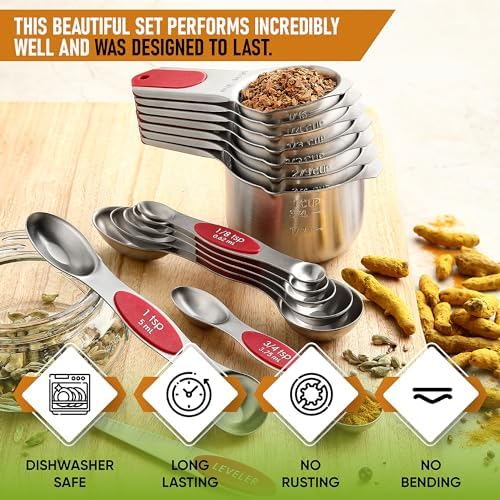 Spring Chef Magnetic Measuring Cups & Spoons Set of 15 with Levelers, Red