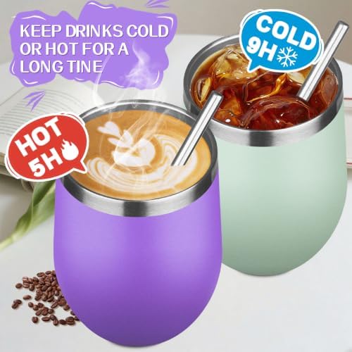 12oz/4 Pack Stainless Steel Wine Tumbler with Lid and Straw, Double Wall Vacuum Insulated Wine Tumbler Glasses, Stemless Travel Mugs for Hot and Cold Drinks, Coffee, Wine, Cocktails