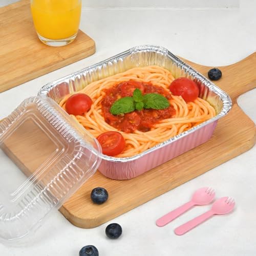 (35-Pack) Pink 8x8 Inch Disposable Aluminum Pans with Plastic Lids,Stickers and Cake Spoons,Square Cake Pans for Parties,Baking Trays,Foil Pans for Holiday Cooking, Parties Meal Prep, Storage