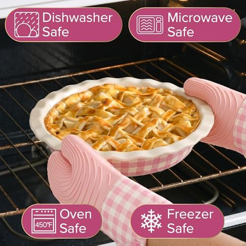 Paris Hilton Ceramic Pie Dish Set, 7-Inch and 9-Inch Stoneware Baking Dishes with Fluted Rim and Gingham Design, Oven Safe up to 450°F, 2-Piece, Pink