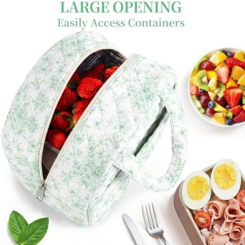 WOBAGMEN Quilted Lunch Box for Women,Coquette Aesthetic Lunch Box,Cute Elegant Green Floral Lunch Bags for Work,Office,Picnic,Travel(Elegant Green Floral)