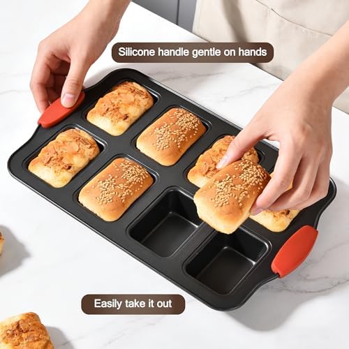 2 Pack Mini Loaf Pans, 8 Cavity Loaf Baking Pans With Silicone Handle Black