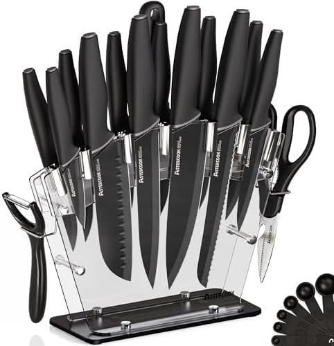 Astercook Knife Set with Block and Sharpener, 22 Piece Kitchen Knife Set Dishwasher Safe, Space-Saving Clear Knife Block with Knives for Everyday Home Cooking Black