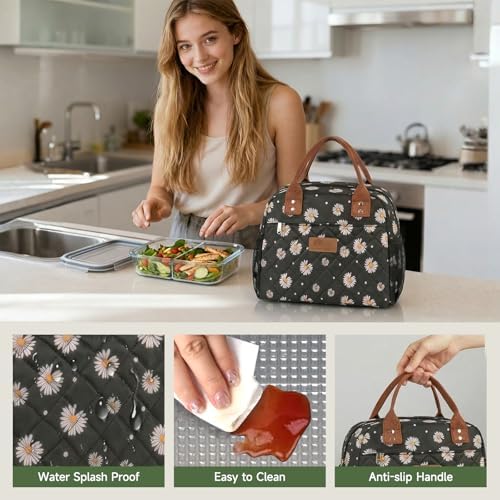 HOMESPON Insulated Lunch Bag for Women Men, Cooler Tote Box, Black Daisy