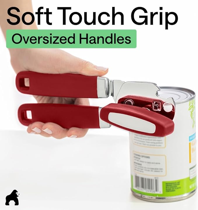 GORILLA GRIP Heavy Duty Stainless Steel Smooth Edge Manual Can Opener and Bottle Openers, Soft Comfortable Handle, Oversized Handheld Turn Knob, US Designed Multifunctional Kitchen Tool, Red