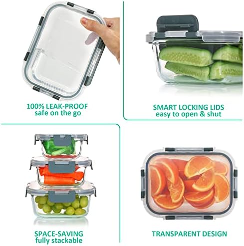 KOMUEE 24 Pieces Glass Food Storage Containers Set, Gray