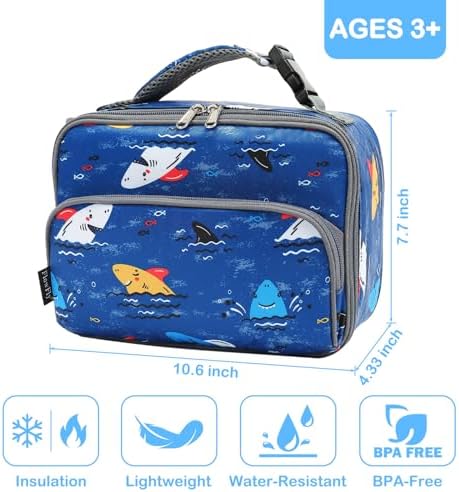 FlowFly Kids Lunch box Insulated Soft Bag Mini Cooler Back to School Thermal Meal Tote Kit for Girls, Boys, Colorful-Shark