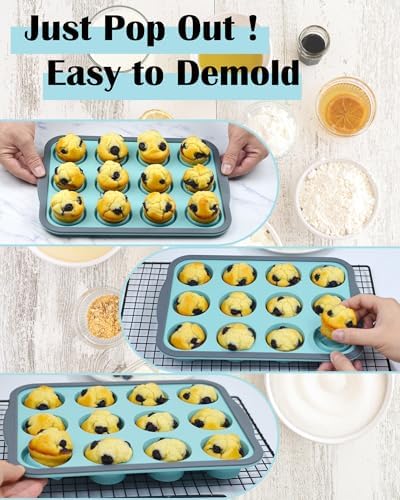 Silicone Muffin Pan for Baking with Metal Frame， Nonstick Cupcake Pan， 12 Cup Baking Pan for Cupcake, Tarts, Egg Bites(12 Cup Green)