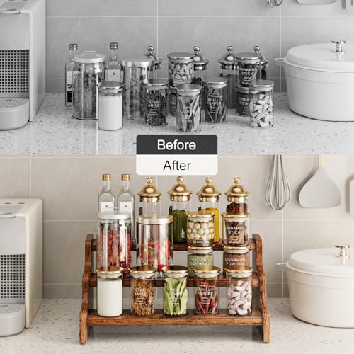 KLM 3-Tier Spice Rack, 13.8 Inch Wood Step Shelf Countertop Spice Storage Holder, Kitchen Pantry Cabinet Organizer Cupboard for Spice Bottles, Jars, Seasonings, Baking Supplies,Bathroom Organizer