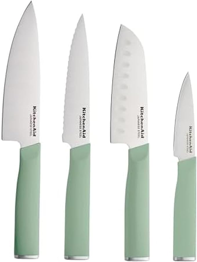 KitchenAid Chef Set with Custom Fit Covers, Sharp Kitchen Knife, High-Carbon Japanese Stainless Steel Blade, 4 Piece, Pistachio