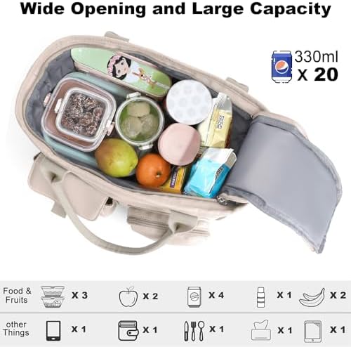 Hafmall Large Lunch Box for Women, Insulated Lunch Bag, Wide Opening, Beige