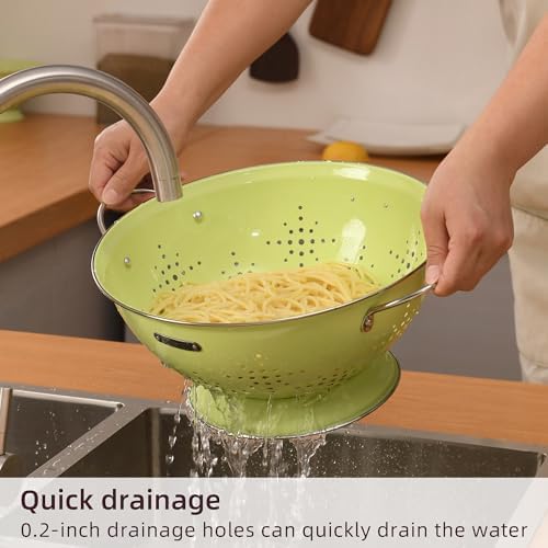 Metal Colander 2 Pack, Strainer Bowel with Handles 2Qt & 6Qt Powder Coated Solid Ring Base Heavey Duty Kitchen Drainer Basket for Pasta Veggies and Fruits,New Home Apartment Essentials (LightGreen)