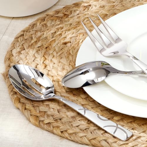 HIKAA 12-Piece 18/0 Premium Stainless Steel Serving Set, Elegant Floral-Design Handles, Slotted Spoon, Serving Spoon, Fork, Tongs, Soup Ladle & Cake Server for Buffets, Weddings & Home Entertaining