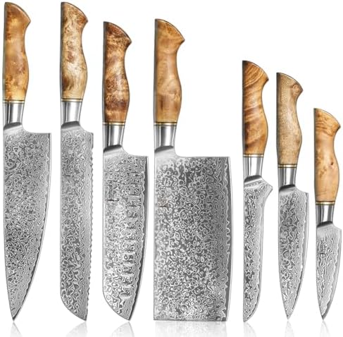 SENKEN 7-Piece Damascus Kitchen Knife Set - Dynasty Collection - 67-Layer Japanese VG10 Steel with Sycamore Wood Handles, Chef's Knife, Cleaver, Bread, Santoku, Boning, & More