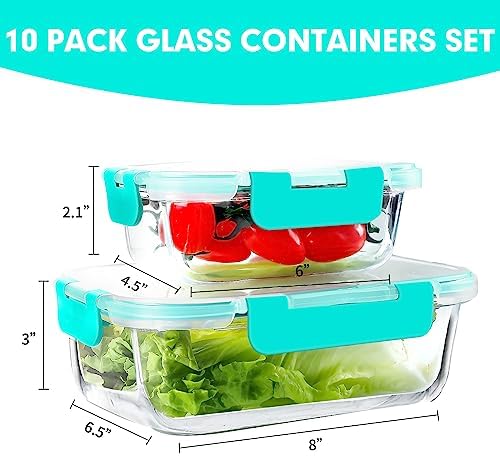 VERONES 10 PACK Glass Meal Prep Containers Set with Lids, Green