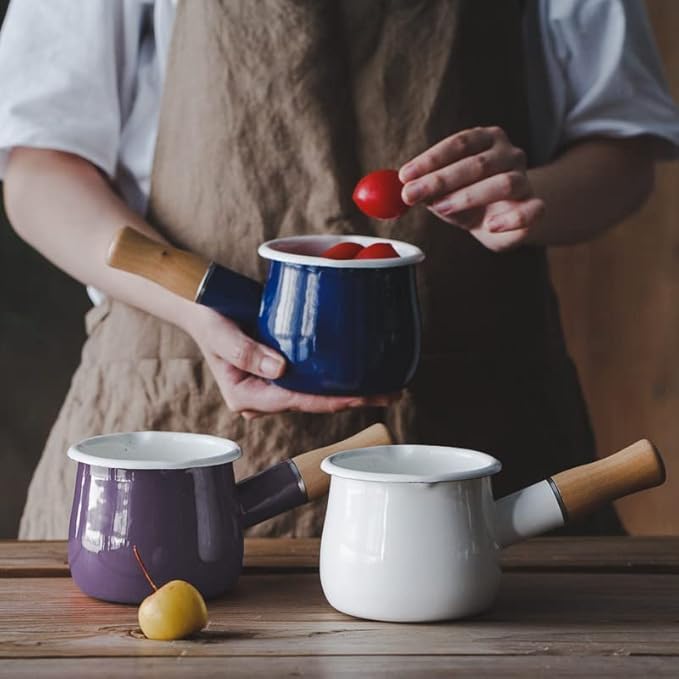 0.6qt Mini Enamel Milk Pot Insulated Wooden Handle 2 Pour Spouts Small Food Warmer Cute Saucepan(D015,Purple)