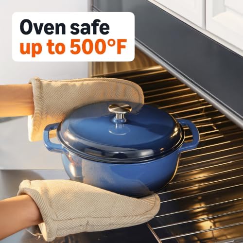 Amazon Basics Enameled Cast Iron Dutch Oven Pot with Lid, Round, Dual Handles, Heavy-Duty, Oven Safe for Stews, Roasting, Baking, 6-Quart, Navy