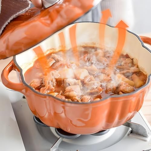 4-Quart Cast Iron Pumpkin Dutch Oven with Lid, Dual Handle, Stew Pot, Serves 3-5, Great for Stews, Casseroles, Halloween Thanksgiving Decorative Gift,Orange