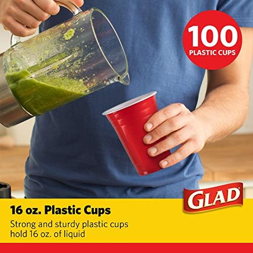 Glad Everyday Disposable Plastic Party Cups, Red, 16 Oz, 100 Count