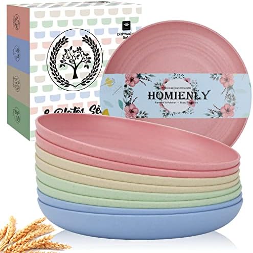 Homienly Deep Dinner Plates Set of 8 Unbreakable Wheat Straw Plates Plastic Reusable Plates for Kitchen, Picnic, RV, Dishwasher and Microwave Safe Plates for Salad, Dessert (Fresh Light, 9 inch)