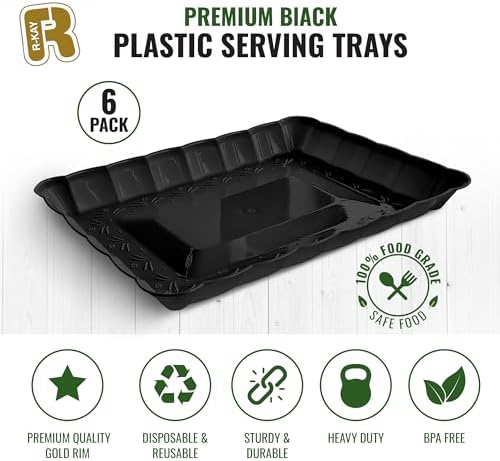 6 Pack Black Plastic Serving Trays - 9 x 13 Party Serving Trays and Platters - Black Serving Tray - Serving Platter Tray for Party