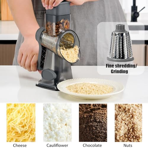 Rotary Cheese Grater Shredder with Handle Handheld Round Mandoline Vegetable Slicer Carrot Shredder Nut Grinder with 3 Replaceable Stainless Steel Drum Blades and Upgrade Strong Suction, Dark Grey