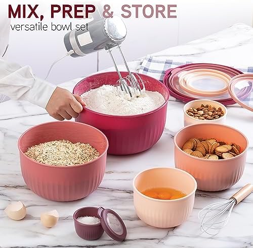COOK WITH COLOR Prep Bowls with Lids- Wide and Deep Nesting Plastic Small Mixing Bowl Set with Lids, 12 Piece Set - Deep Bowls, Rose