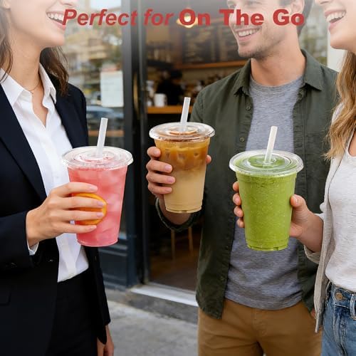 Ginkgo 100 Pack - 16 oz Clear Plastic Cups with Lids and Straws