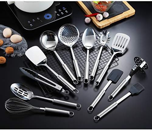 Berglander Cooking Utensil Set 12 Piece Stainless Steel Kitchen Tool Set, Include Cooking Spoon, Spatula, Whisk, Cooking Tong and etc (12 Pieces)