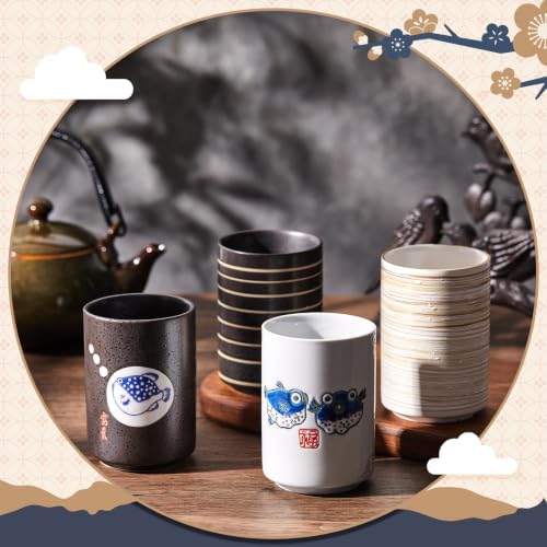 Qinyoung 4 Pcs Japanese Tea Cups Ceramic 10 oz No Handle, Pufferfish, Line