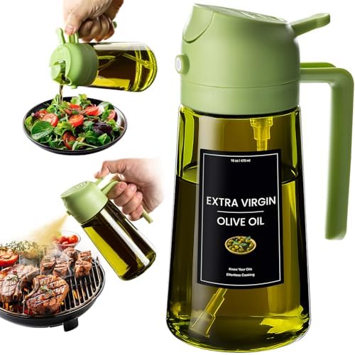CXINYI - 16oz/470ml Olive Oil Dispenser for Kitchen with Stickers - 2 in 1 Olive Oil Sprayer for Cooking, Air Fryer, and Salad, Green (Light-Proof Kitchen Gadget)